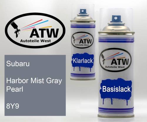 Subaru, Harbor Mist Gray Pearl, 8Y9: 400ml Sprühdose + 400ml Klarlack - Set, von ATW Autoteile West.